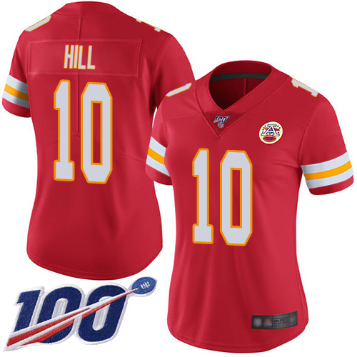 Women Kansas City Chiefs #10 Hill Tyreek Red Team Color Vapor Untouchable Limited Player 100th Season Football Nike NFL Jersey